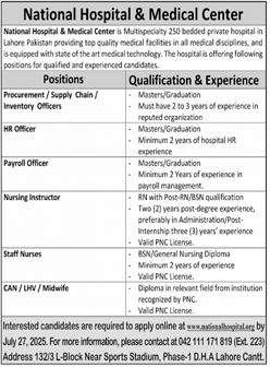 Jobs in National Hospital & Medical Center Lahore